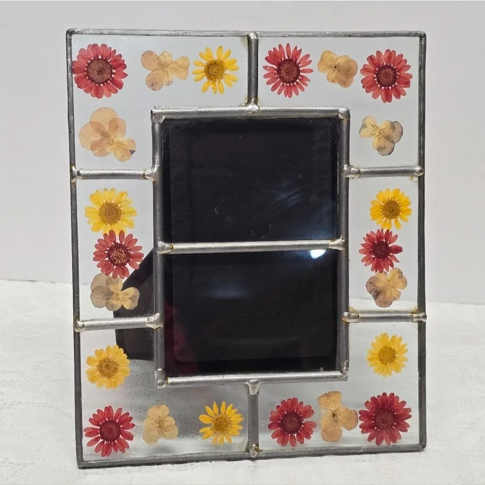 Vintage Stained Glass Pressed Dried Flowers  Picture Frame Cottage Summer Boho